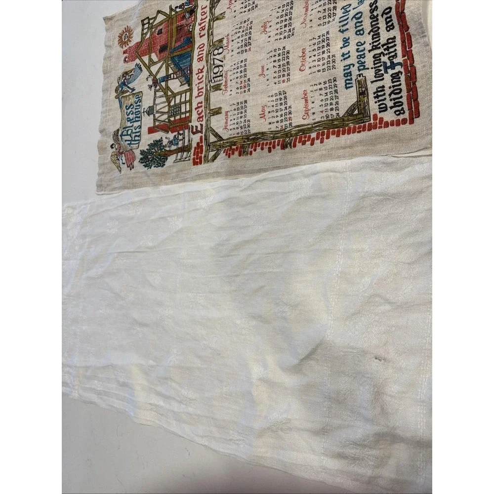 VTG Linen Tea Towels Calendar 1978 Folk Art &‎ 1 Solid Cream Brocade Floral